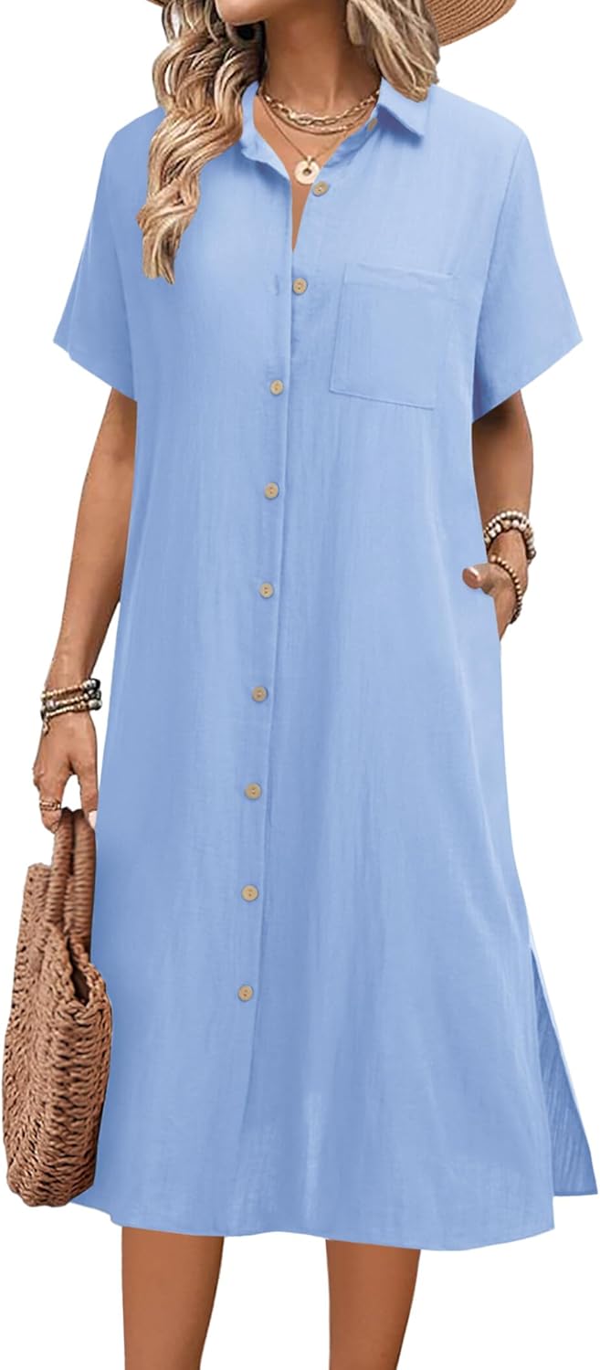 HOTOUCH Womens Summer Dress Casual Midi Short Sleeve Shirt
