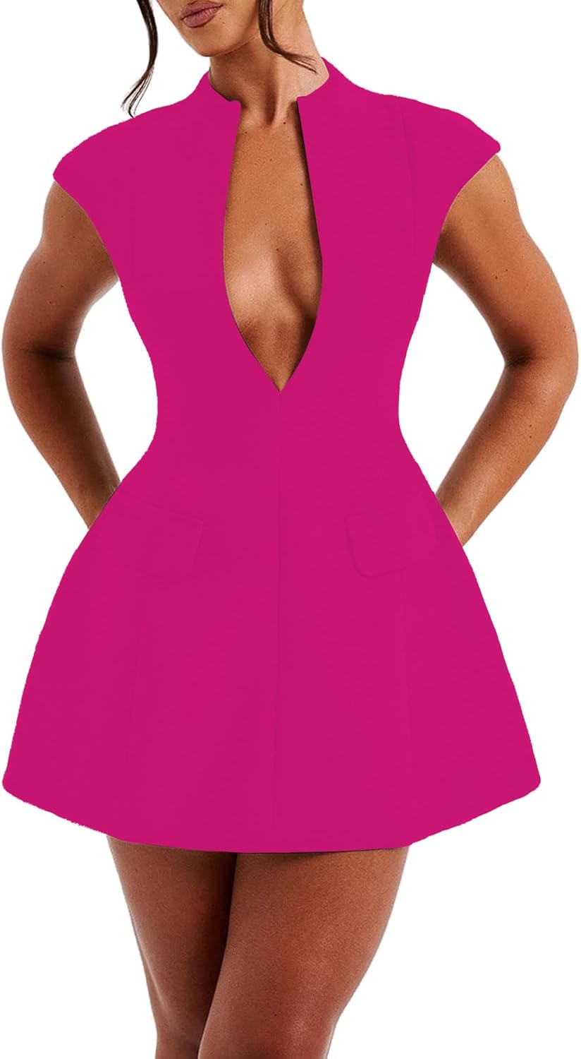 LuFeng Women's Summer Sexy Cap Sleeve Deep V Neck Mini Dress