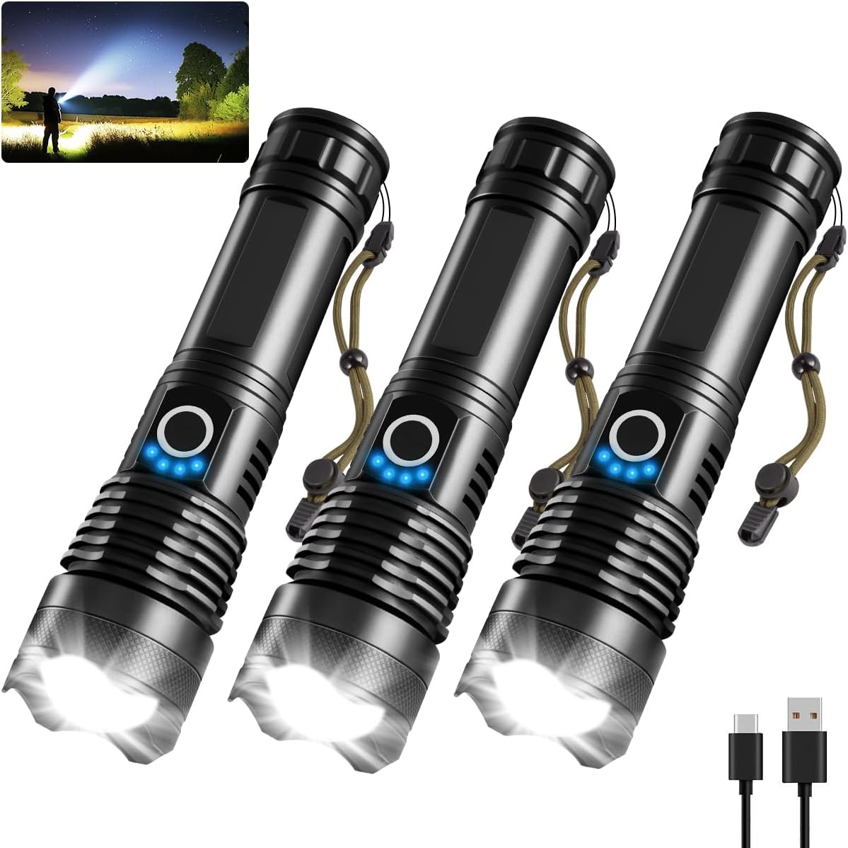 UUYEE 3Pack Super Bright Rechargeable Flashlights