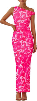 Women's One Shoulder Floral Maxi Dress - Ruched Mesh Fit