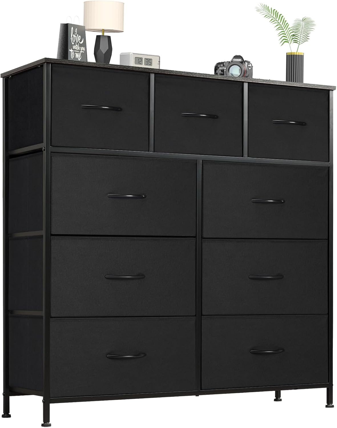 OLIXIS Dresser for Bedroom with 9 Fabric Bins and Wood Top
