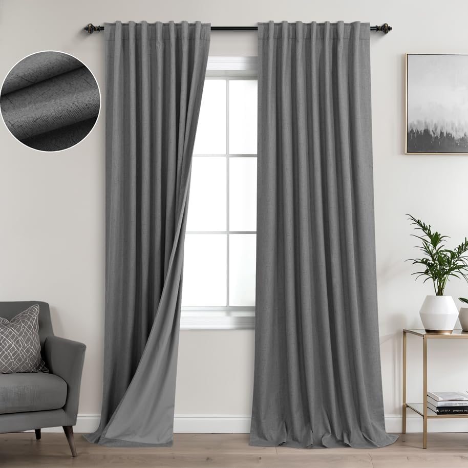 KOUFALL 92 Inches Long Blackout Grey Linen Thermal Curtains Set