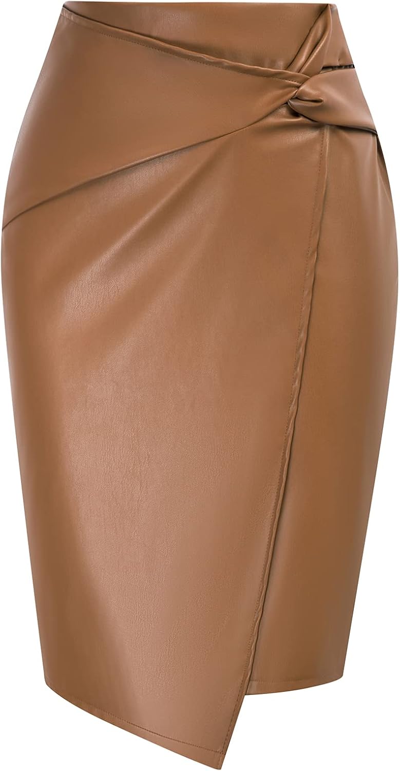 Faux Leather High Waist Wrap Knit Bodycon Midi Skirt Review