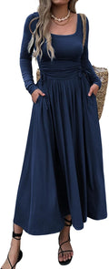 Womens Long Sleeve Square Neck Maxi Dress with Pockets - Adjustable