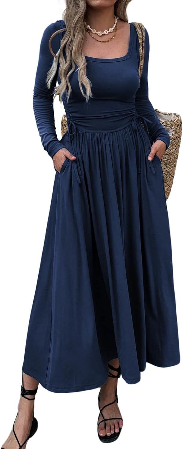Womens Long Sleeve Square Neck Maxi Dress with Pockets