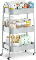 Grey 3 Tier Utility Rolling Cart - Metal Storage Trolley with Lockable
