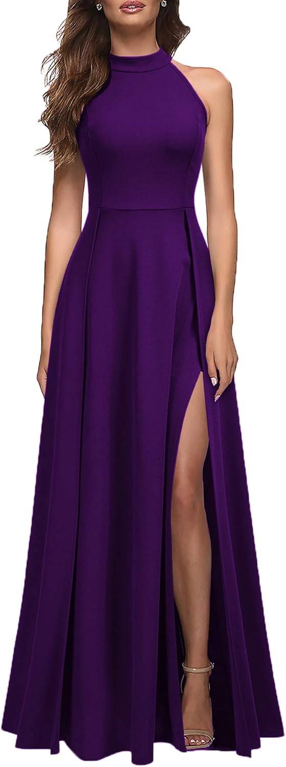 MUSHARE Women's Halter Neck Sexy Split Cocktail Maxi Dress