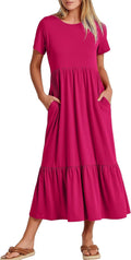 Womens Summer Casual Maxi Dress Tiered Flowy Short Sleeve