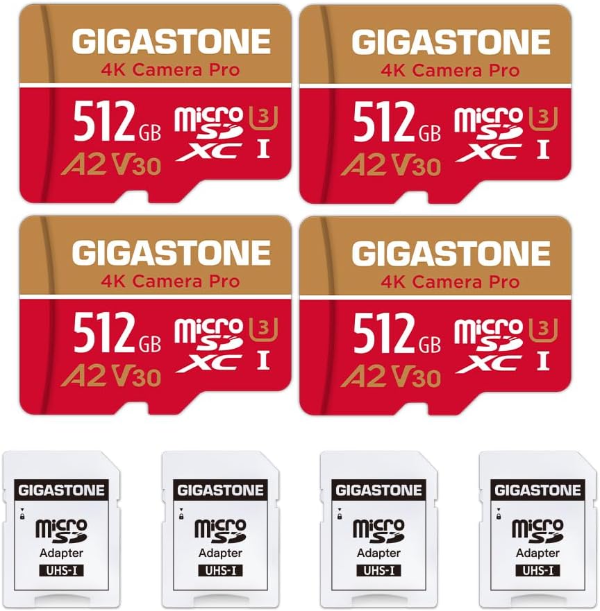 512GB Micro SD 4-Pack, 5-Yrs Data Recovery, 4K Pro, A2 V30, Speed 100MB/s