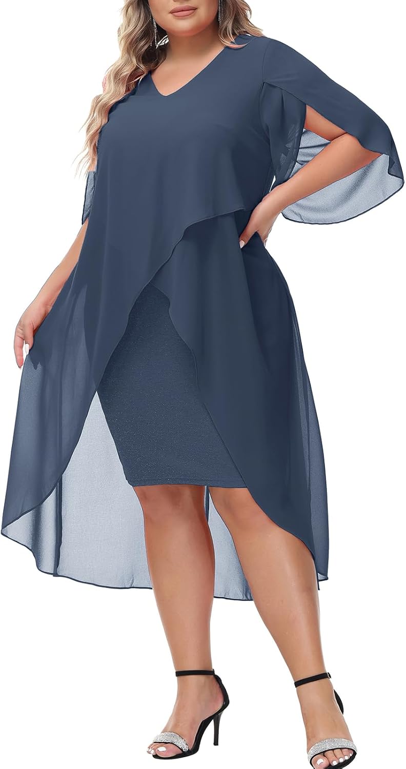 Plus Size Chiffon Cocktail Dress with Ruffle Sleeves for Parties