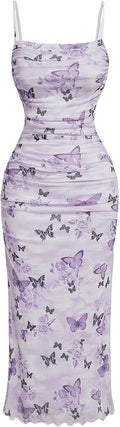 Women's Floral Ruched Bodycon Midi Dress - Mesh Fishtail Cami