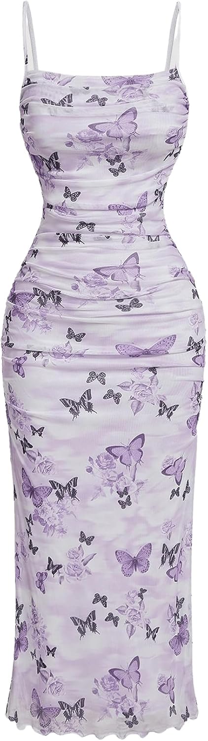 GORGLITTER Women's Floral Ruched Bodycon Midi Dress for All Occasions