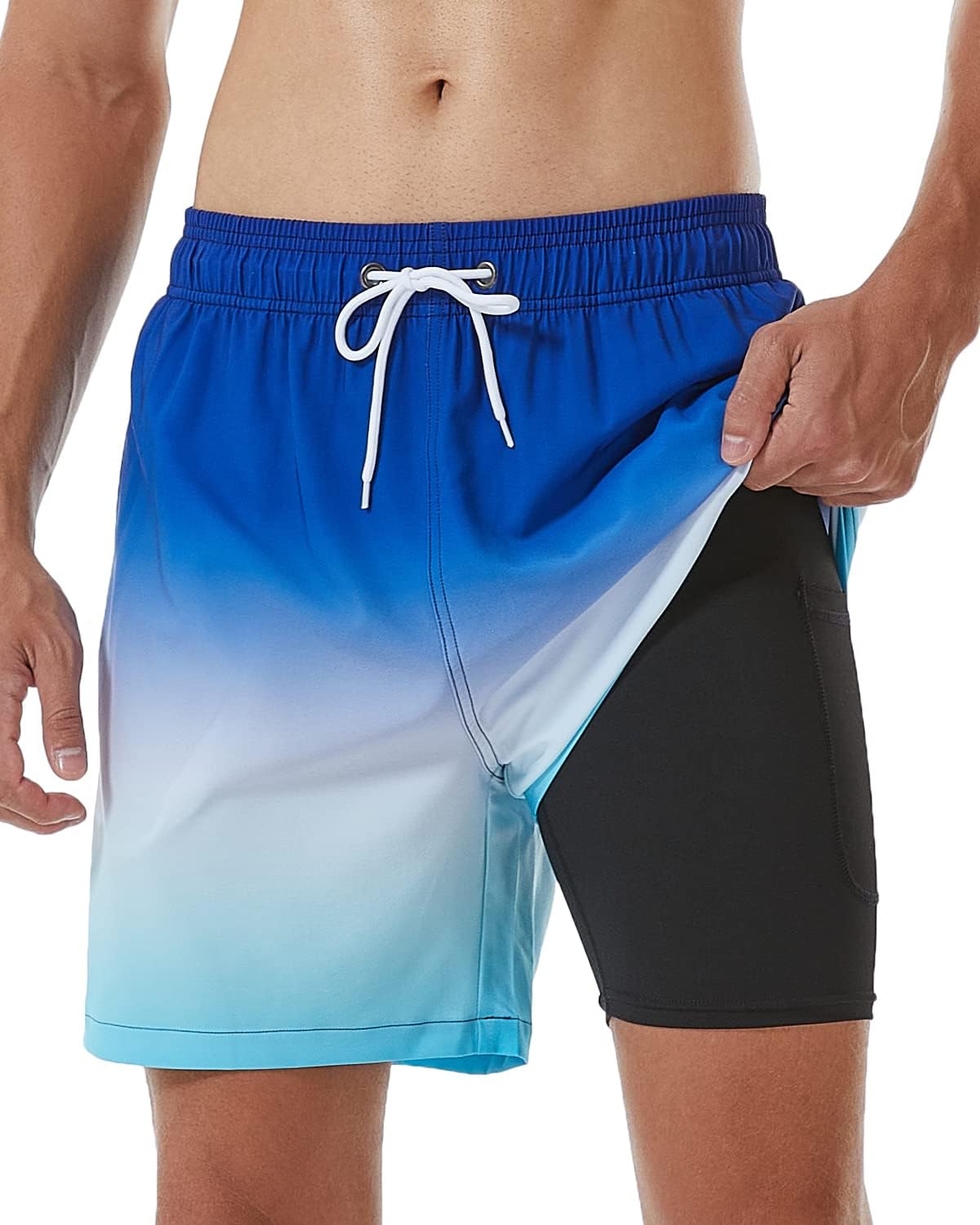 SILKWORLD Mens Swimming Trunks with Compression Liner for Comfort