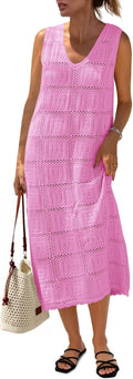 Fisoew Womens Crochet Sleeveless Midi Dress - Boho V Neck Cover Up