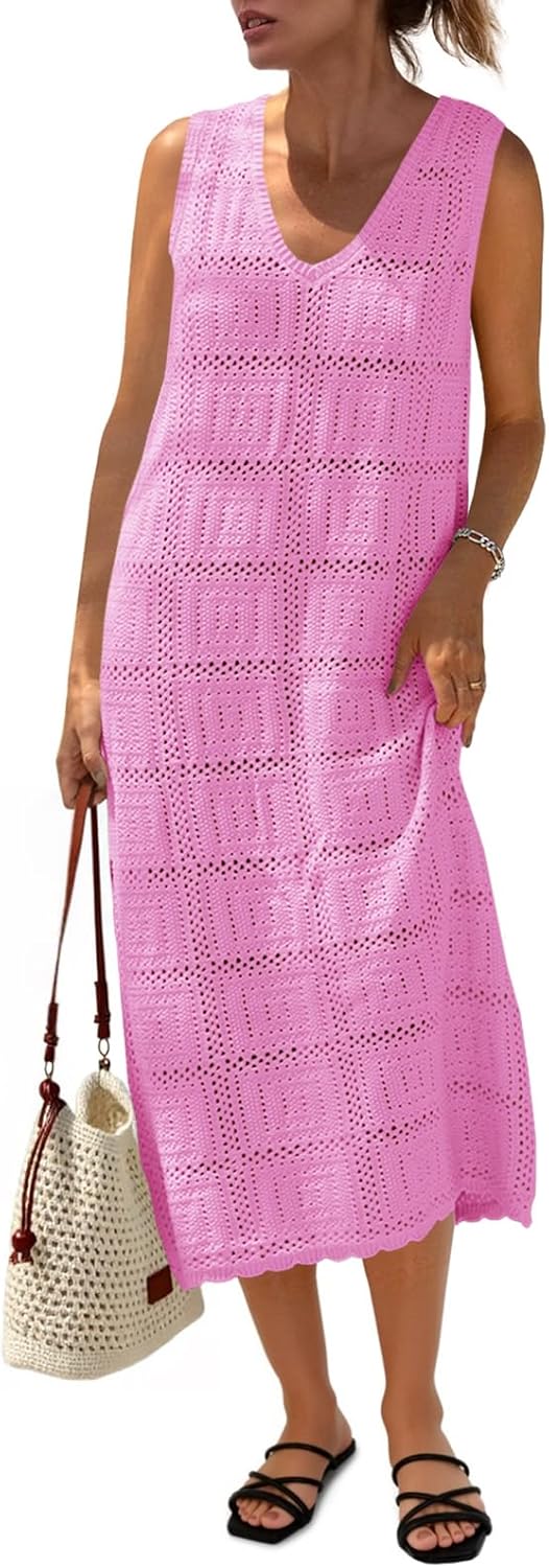 Fisoew Womens Crochet Sleeveless Dress for Summer Beach Fun
