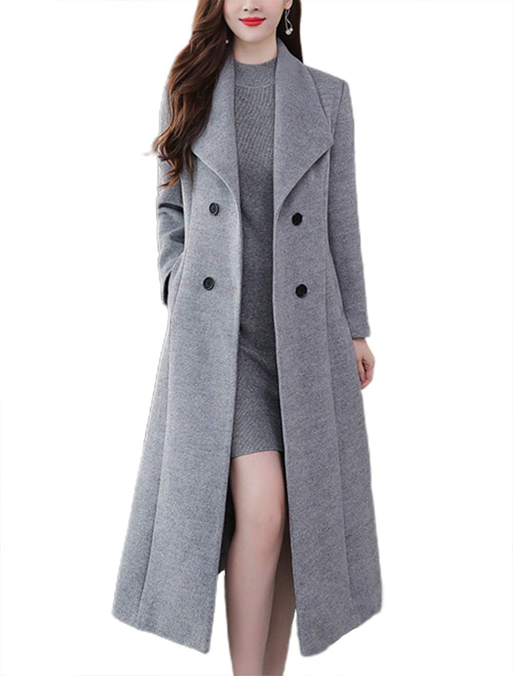 Chic Shawl Collar Double Breasted Maxi Long Wool Pea Coat
