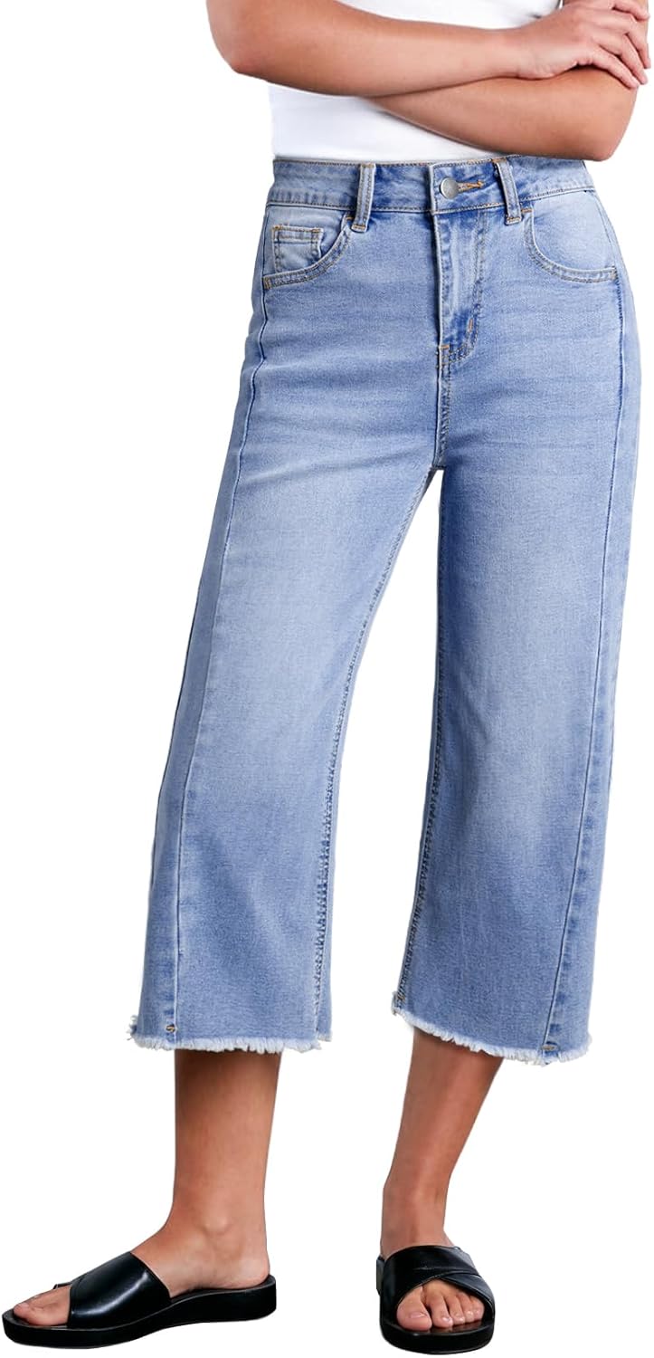 Sidefeel Women's Capri Jeans High Waisted Wide Leg Stretchy Fit
