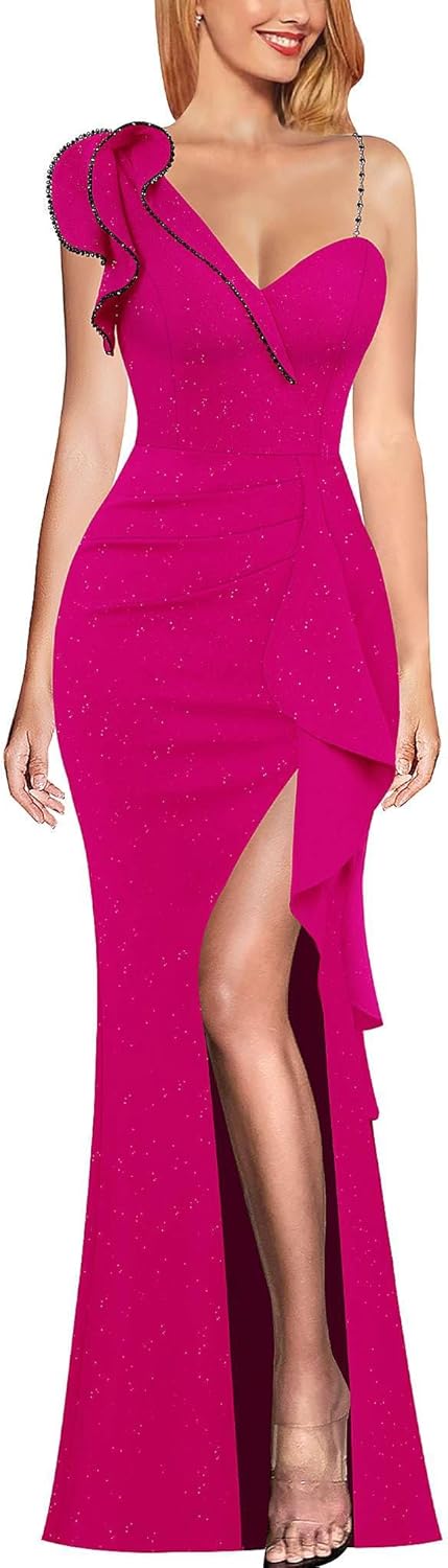 Elegant Ruffle One Shoulder Beaded Strap Maxi Dress for Women