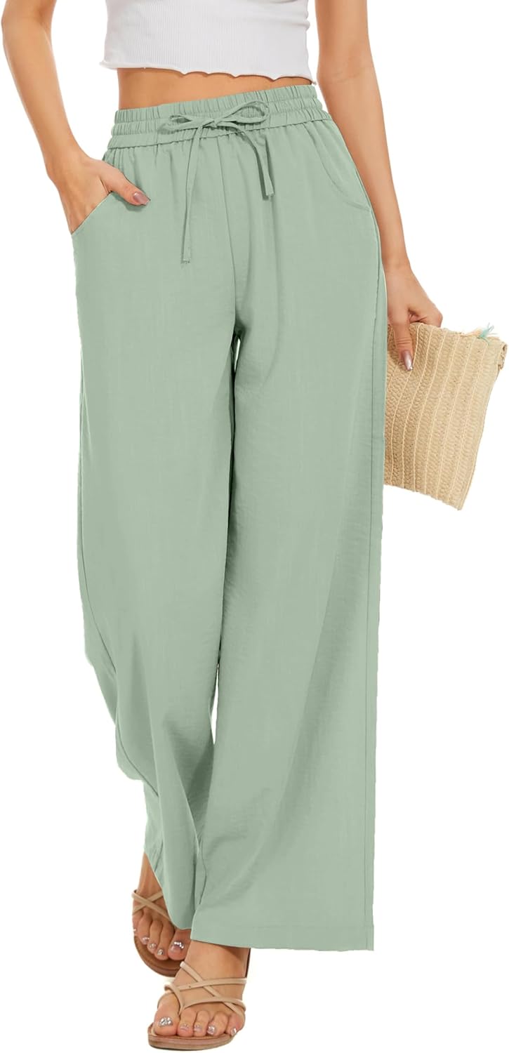 Women Flowy Pants Drawstring Waist Wide Leg Palazzo Beach Pants