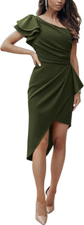 One Shoulder Cocktail Dress - Elegant Ruffle Wrap Bodycon Women's