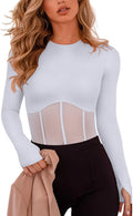 REORIA Women's Sheer Mesh Thumbhole Long Sleeve Bodysuit (Style 31FS)