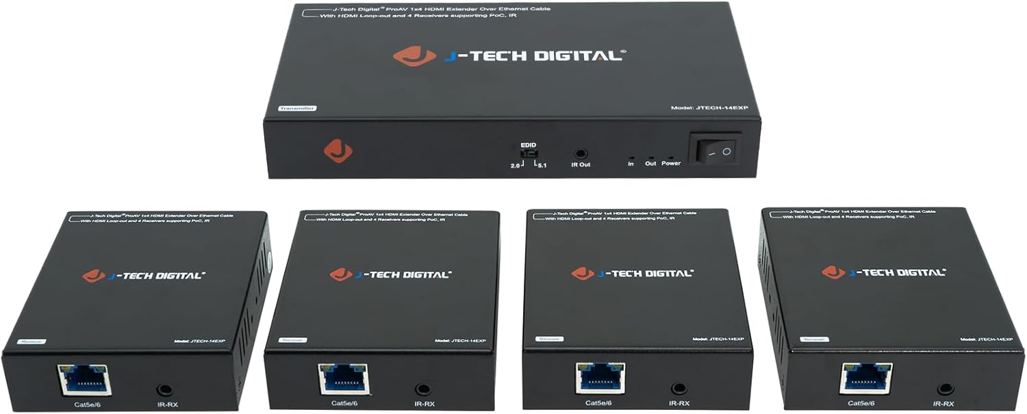 J-Tech Digital HDMI Extender Splitter 1x4 for 1080P Displays