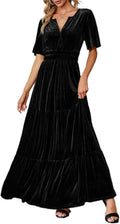 Amegoya Women's Elegant Velvet V Neck Maxi Dress for Special Occasions