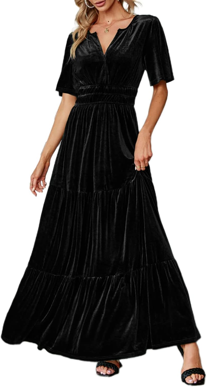 Amegoya Women's Velvet Short Sleeve V Neck Maxi Dress Review