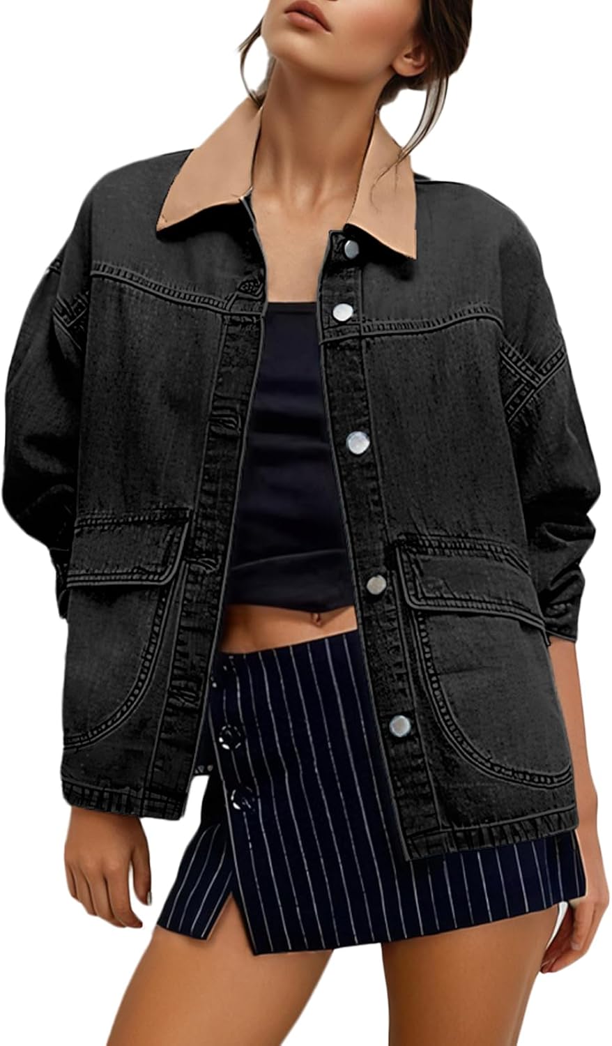 Trendy Color Block Denim Jacket for Women - Oversized Shacket