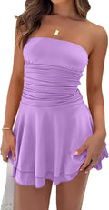 Women Sexy Tube Top Silk Dress Strapless Ruching Ruffle Mini - Sleek