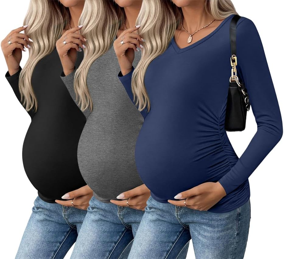 Ekouaer Womens Maternity Shirts Long Sleeve V-Neck Tops Pack
