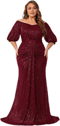Plus Size Off Shoulder Sequin Maxi Dress - Puff Sleeve Formal Gown