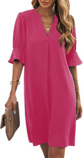 Wkior Shift Dress V Neck Short Sleeves Solid Color Casual Flowy Dress