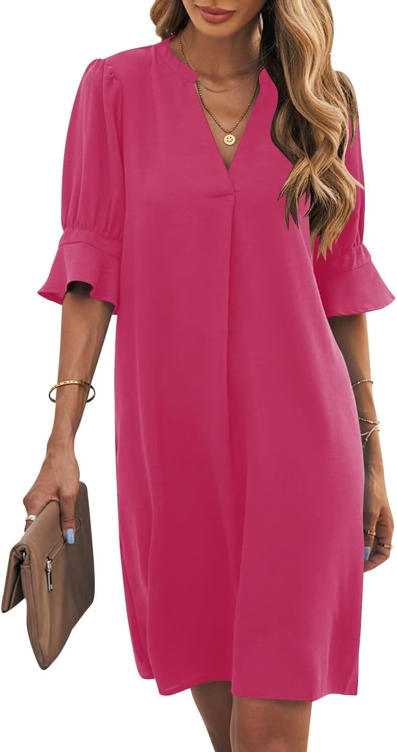 Wkior Shift Dress for Women V Neck Short Sleeves Casual Style