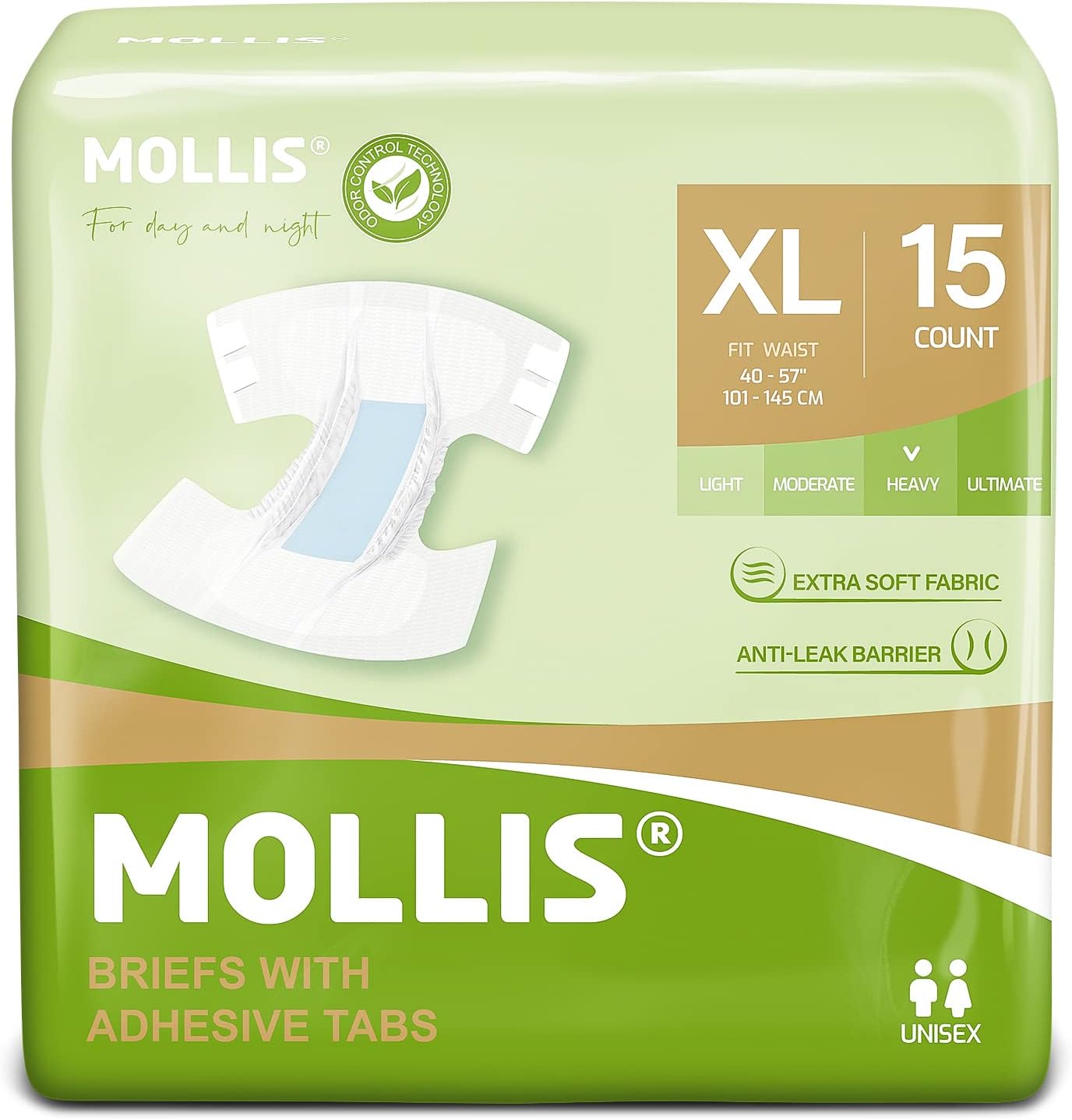 MOLLIS XL Incontinence Diapers - Odor Control, 15 Pack