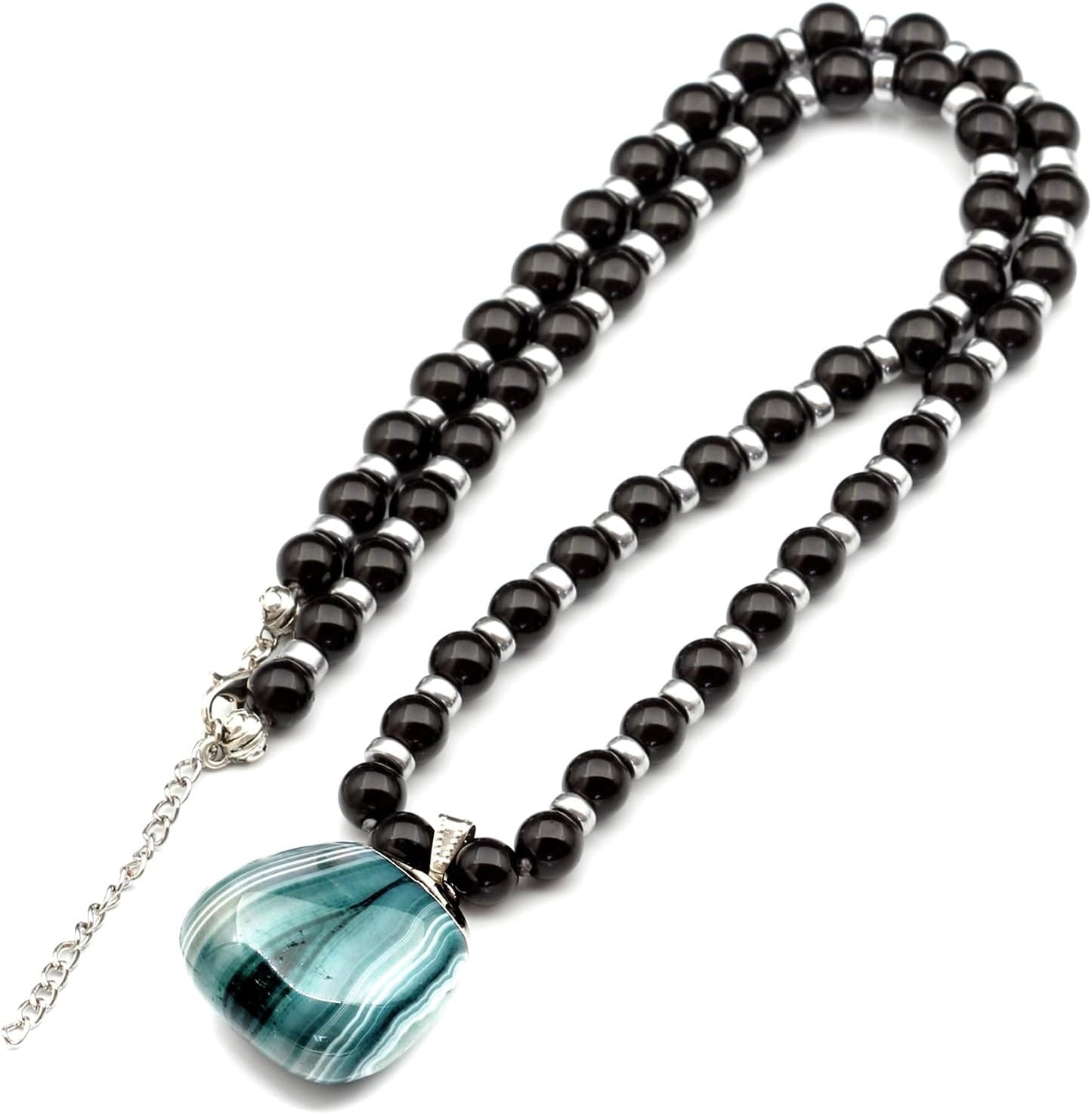 Natural Raw Tourmaline Pendant with Black Onyx Beaded Necklace