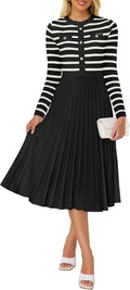 Womens Long Sleeve Striped Midi Dress - Flattering Ribbed Knit Fit