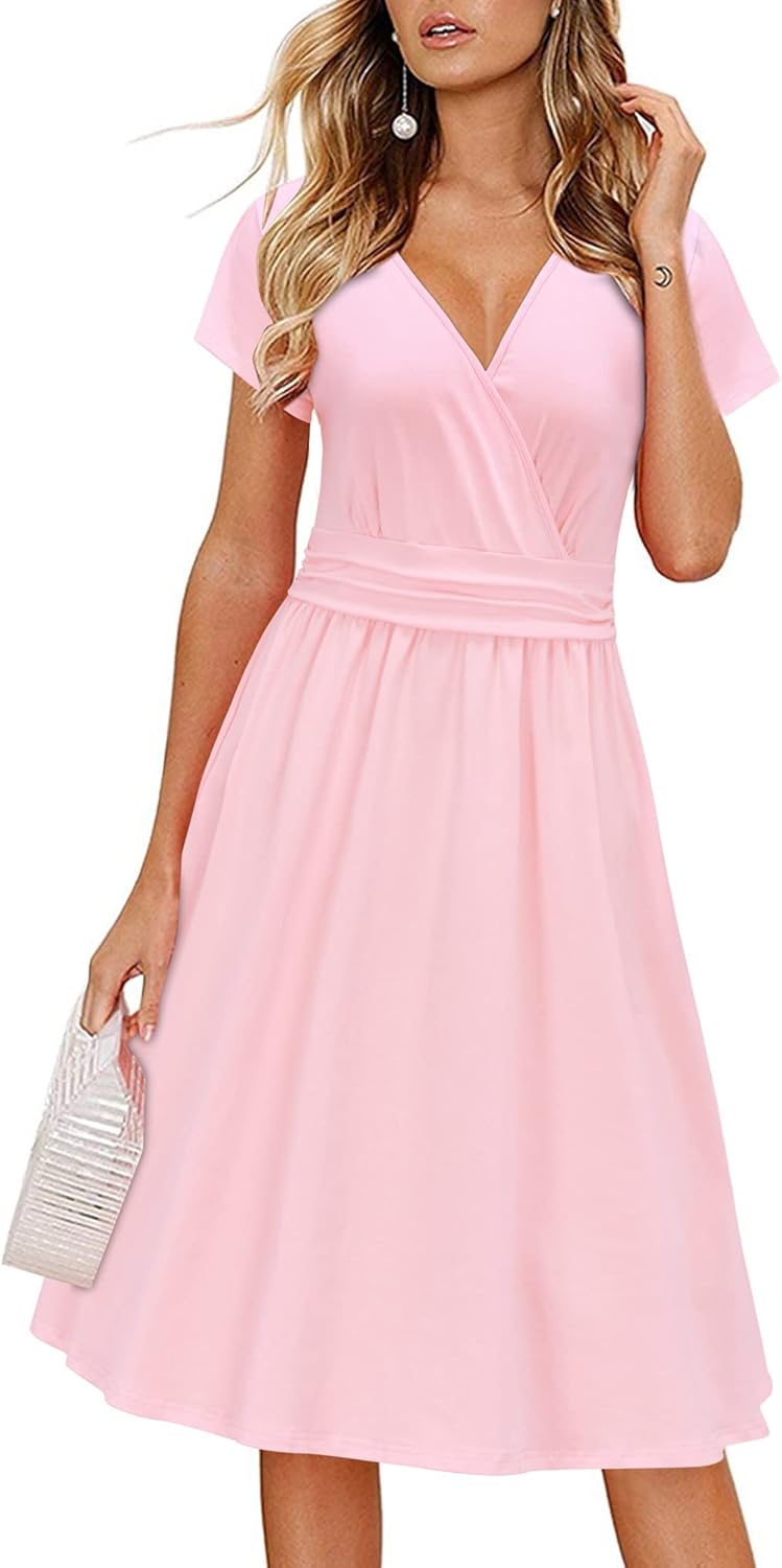 OUGES Women's Summer Short Sleeve V-Neck Floral Dress with Pockets