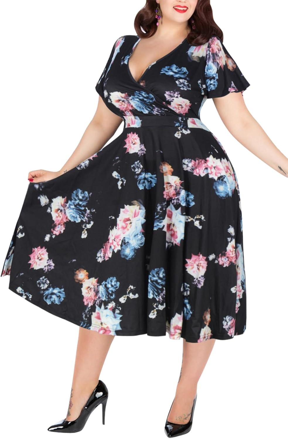 Plus Size Casual Summer V Neck Midi Dress with Pockets
