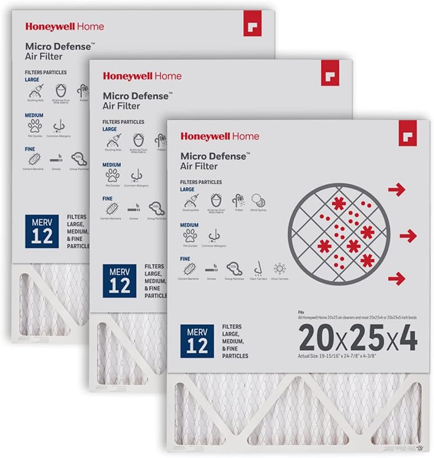 Honeywell Home 20x25x4 MERV 12 Air Filter, 3 Pack for Efficiency