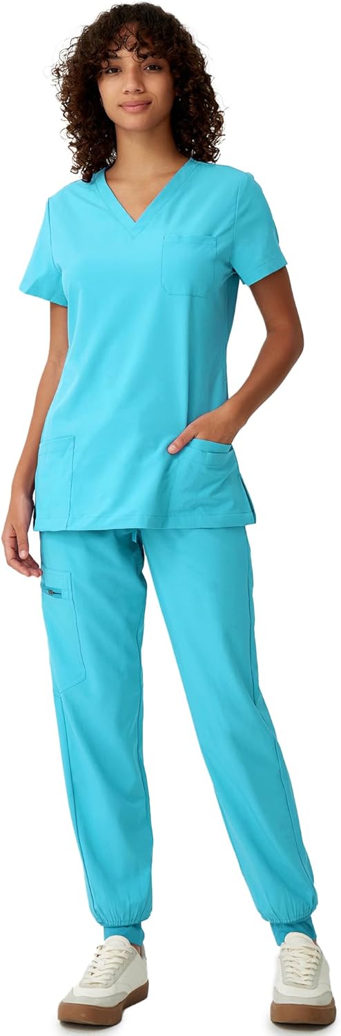Women's V-Neck Scrubs Top & Cargo Pants Set with 10 Pockets