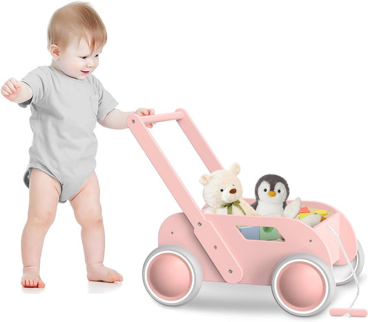 Pink Wooden Baby Walker for Toddler Fun