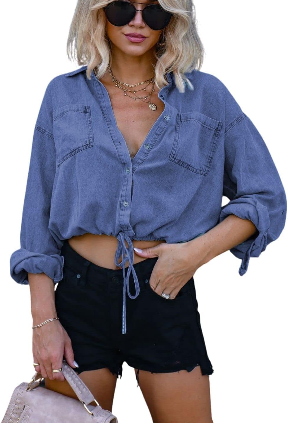 Kwoki Women's Cropped Denim Shirt for Stylish Casual Looks