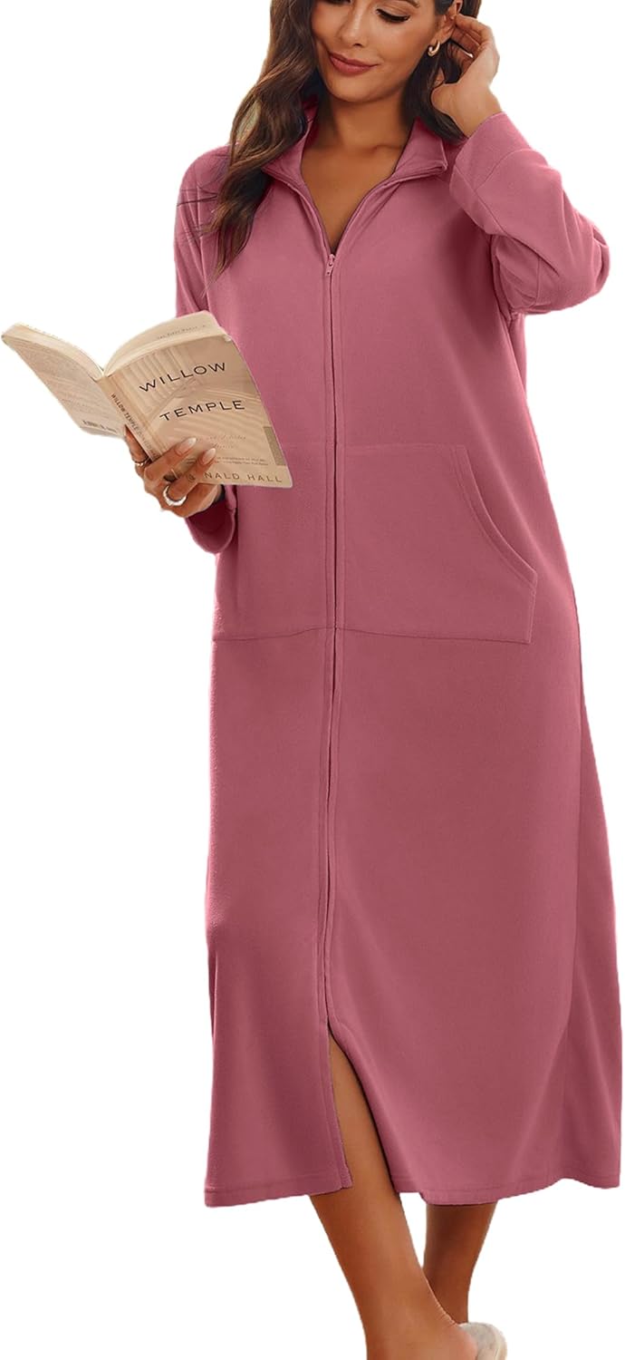 Ekouaer Women Zipper Robe Long Sleeves Soft Bathrobe with Pockets