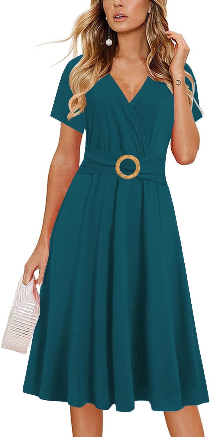 Elegant Criss-Cross V Neck Vintage Tea Dress with Pockets