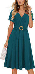Women's Criss-Cross V Neck Fit and Flare Tea Dress - Flattering each