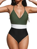 One Piece Swimsuit Deep V Neck Crisscross Back Color Block