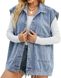 Women's Oversized Denim Vest Mid Long Cotton Jean Vest - Runs Big