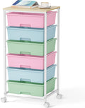 Rolling Storage Cart with 6 Large Drawers (Rainbow) - Wooden Top