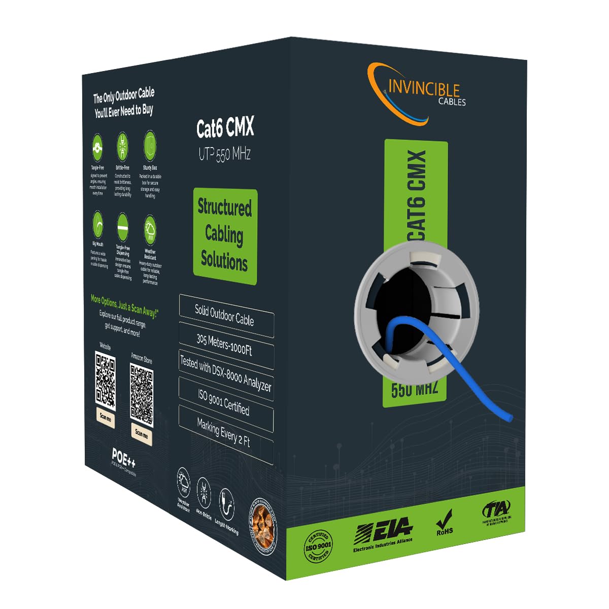 Cat6 Outdoor Ethernet Cable - High-Speed 1000ft Solid Copper